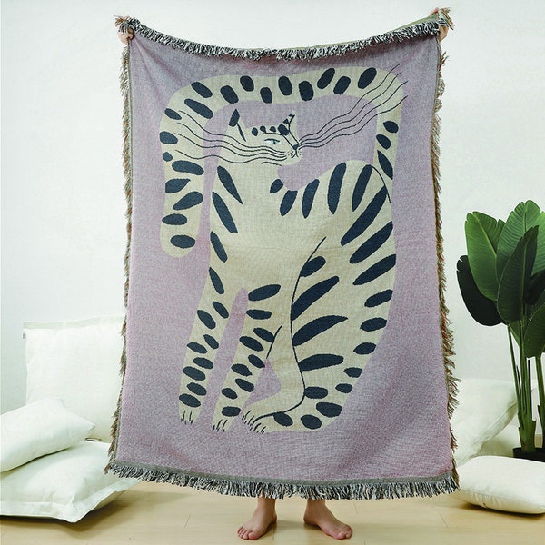 Lila Tiger Leopard Decke, Gewebte Baumwoll Decke für Sofa, süße Dschungel Tiere Decken, Kinder Teen Schlafzimmer, Pflanzen Blätter Blumen