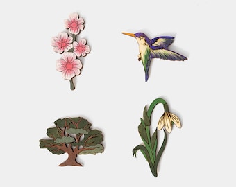 Set of 4 Wooden Pin Brooch, Hand painted Flower Brooch, Cherry Blossom Pin, Tree Pin, Hummingbird Snowdrop Pin Flowers, Handmade Wood Pins