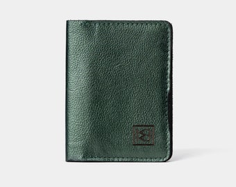 Cartera de cuero hecha a mano verde eléctrico, cartera unisex pequeña de diseño moderno, cartera verde, cartera verde minimalista