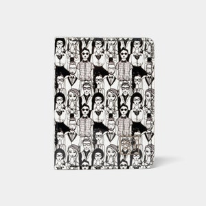 Cartera de cuero hecha a mano, cartera unisex pequeña de diseño moderno, cartera con estampado hipster, cartera única en blanco y negro