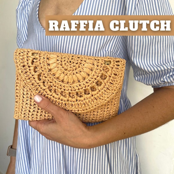 Patrón de bolso de mano de crochet fácil, bolso de rafia de playa de bolso de verano de paja, mini bolso de mujer tipo sobre, proyecto de bricolaje boho minimalista para principiantes