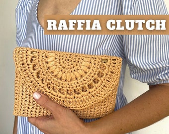 Easy crochet clutch bag pattern, straw summer purse beach raffia bag, envelope mini bag woman, boho minimalist beginner friendly DIY project