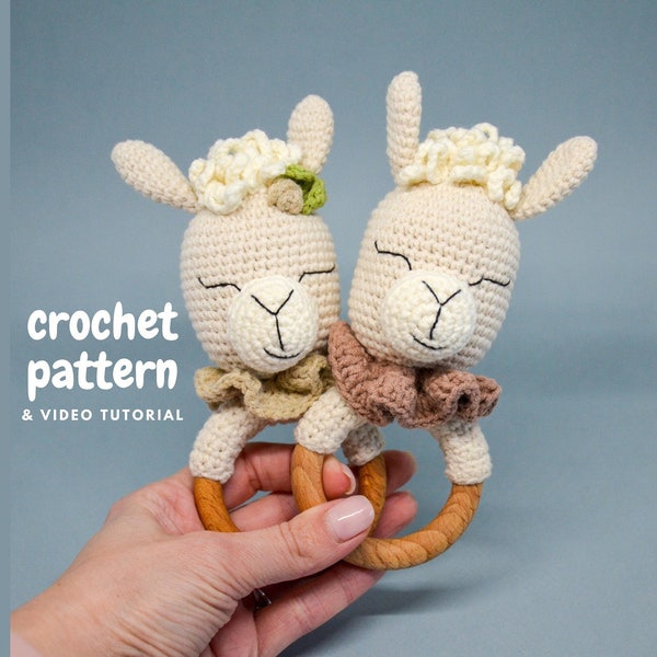 Crochet baby rattle pattern, handmade llama baby rattle, cute alpaca teether toy, crochet amigurumi pattern, DIY baby shower pregnancy gift