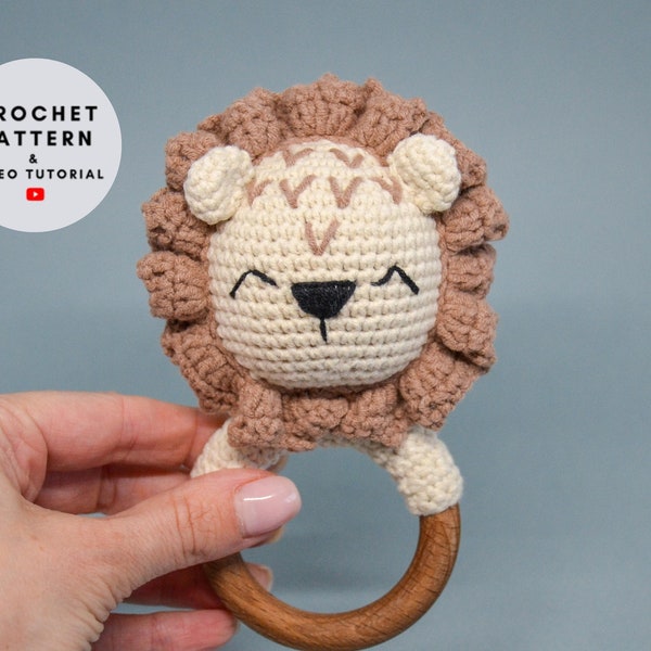 Crochet baby rattle pattern, lion toy, zodiac leo gift, crochet rattle with teether ring, newborn baby rattle DIY baby shower pregnancy gift