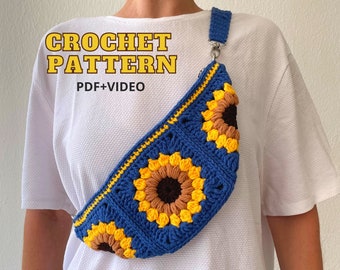 Crochet granny square bag pattern, sunflower sling bag, summer crossbody purse, crochet flower sunburst, bum bag beginner friendly tutorial