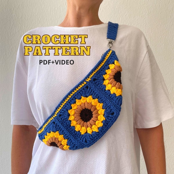Crochet granny square bag pattern, sunflower sling bag, summer crossbody purse, crochet flower sunburst, bum bag beginner friendly tutorial
