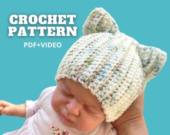 Crochet hat pattern, baby cat ear beanie, ribbed chunky yarn hat for kids, 4 sizes easy pattern for beginners