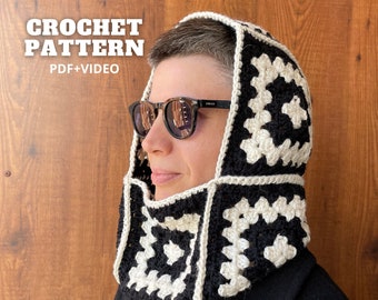 Granny square balaclava crochet pattern PDF, wool hood DIY leftover yarn project, basic crochet motif video tutorial beginner friendly