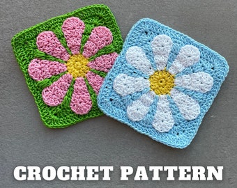 Crochet flowers granny square pattern, retro daisy motif for bag, blanket, cardigan | beginner friendly vintage project with leftover yarn