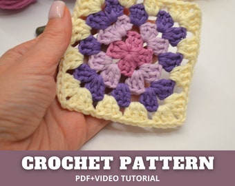 Granny square crochet pattern PDF basic basic motif for blanket bag cardigan, leftover yarn beginner-friendly project with video titorial