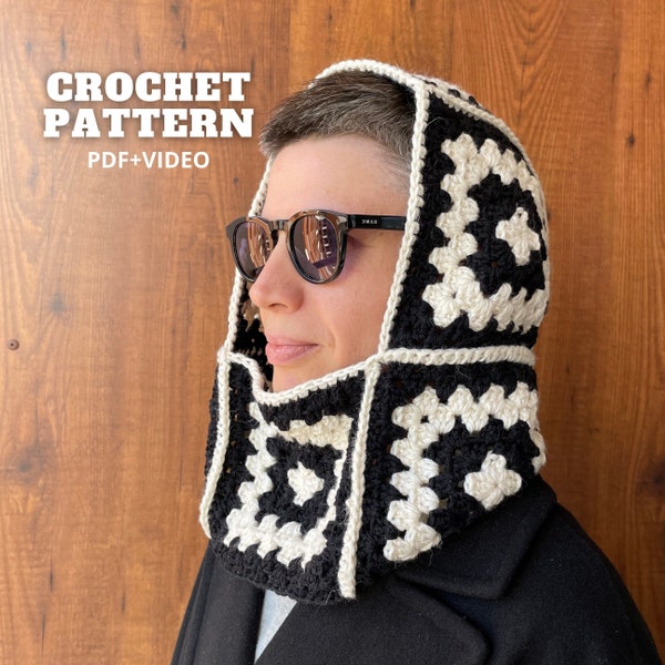Granny square balaclava crochet pattern PDF, wool hood DIY leftover yarn project, basic crochet motif video tutorial beginner friendly
