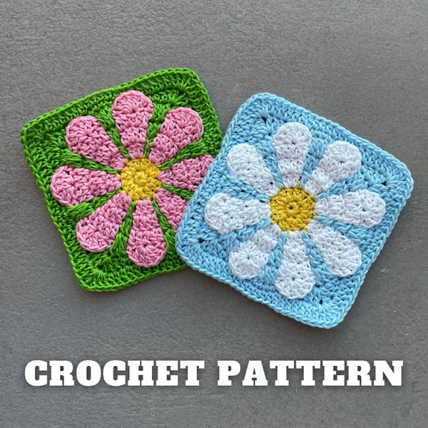 Crochet flowers granny square pattern, retro daisy motif for bag, blanket, cardigan | beginner friendly vintage project with leftover yarn