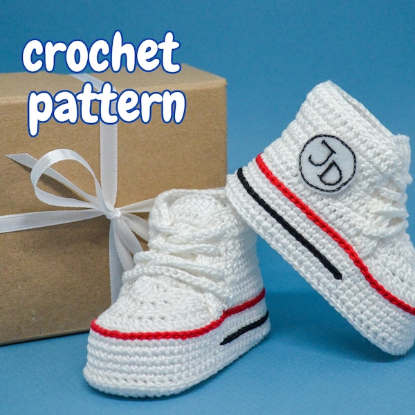 Personalized baby boy girl gift DIY, crochet pattern newborn sneakers with stars initials, infant booties trainers, English German tutorial