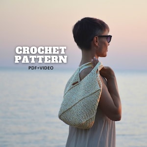 Easy crochet handbag pattern video tutorial, eco raffia tote bag woman, summer beach sack straw shopping purse, beginner DIY crochet project
