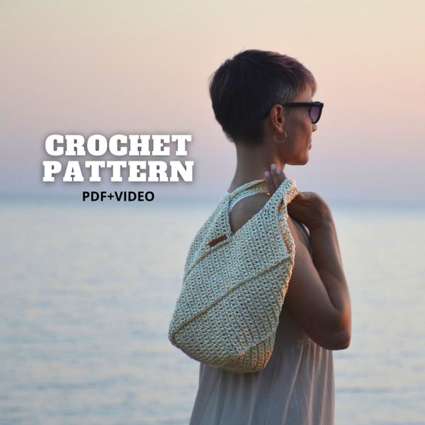 Easy crochet handbag pattern video tutorial, eco raffia tote bag woman, summer beach sack straw shopping purse, beginner DIY crochet project