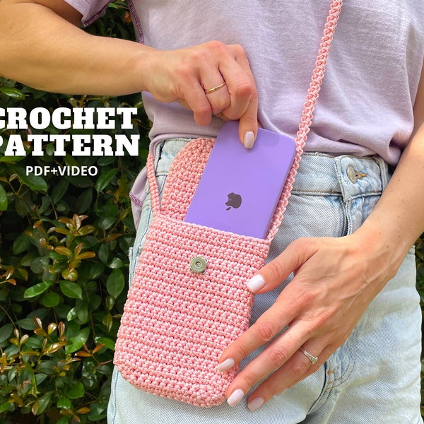 Crochet cell phone pouch pattern, summer crossbody small bag mini purse, mobile phone case sleeve, shoulder messenger bag, DIY gift for her