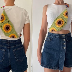 Crochet granny square bag pattern, sunflower sling bag, summer crossbody purse, crochet flower sunburst, bum bag beginner friendly tutorial image 5
