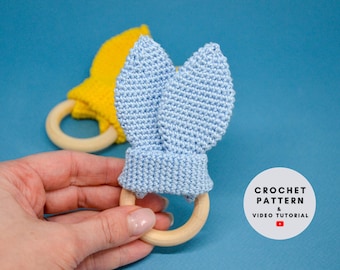 Amigurumi pattern baby teether with bunny ears, DIY baby shower gift, easy crochet pattern, crochet tutorial