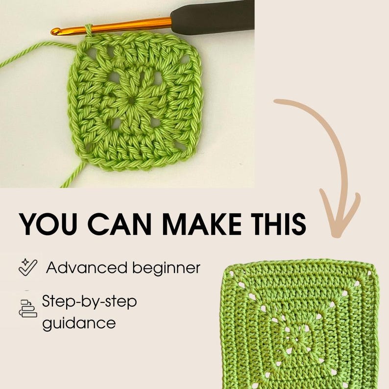 K&ouml;nnte beinhalten: Nahaufnahme eines gr&uuml;nen geh&auml;kelten Quadrats mit H&auml;kelnadel und Garn. Der Text "YOU CAN MAKE THIS" wird zusammen mit "Advanced beginner" und "Step-by-step guidance" angezeigt.