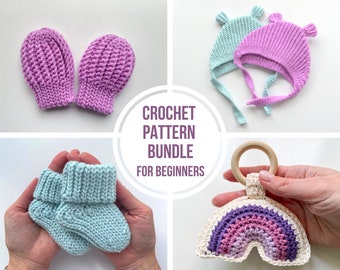 Crochet socks mittens hat rattle patterns bundle, welcome baby gift, infant outfit set, newborn first present, easy set 4 item for beginners