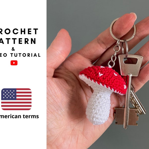 Mushroom keychain amigurumi CROCHET PATTERN, amanita mushroom decor, crochet red toadstool, DIY roommate gift, pattern & video tutorial