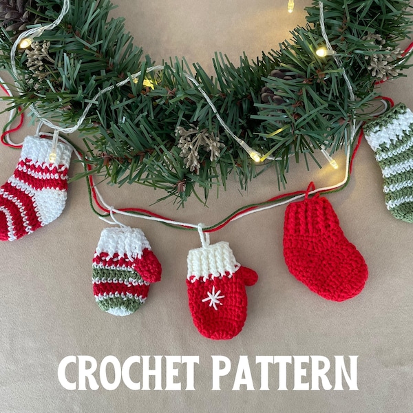 Christmas ornaments crochet pattern, mini socks mittens Christmas tree garland, wreath festive holiday decoration, Xmas mantel decor