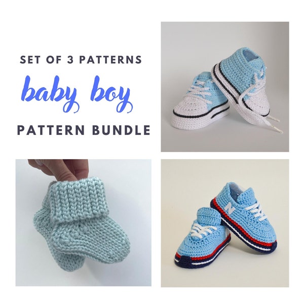 Crochet pattern bundle baby boy booties, set of 3 patterns, crochet baby shoes socks newborn, new baby boy gift idea, cute pregnancy gift