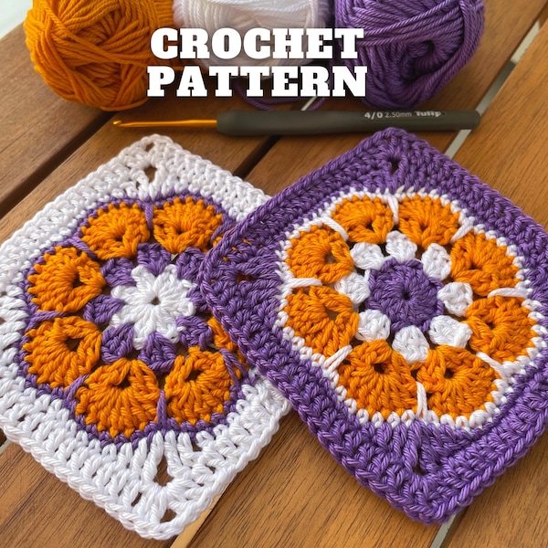 Granny square African flower crochet pattern, motif for blanket  bag cardigan dress, leftover yarn beginner-friendly project, fun tutorial