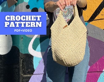 Crochet tote bag pattern, raffia carryall purse, reusable grocery handbag, summer beach sack straw shopping bag, beginner crochet project