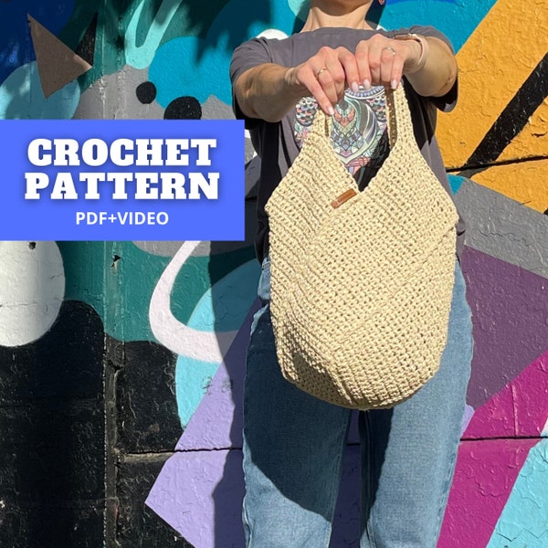 Crochet tote bag pattern, raffia carryall purse, reusable grocery handbag, summer beach sack straw shopping bag, beginner crochet project