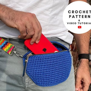 Crochet belt bag for man, beginner friendly crochet pattern, blue bum bag, summer fanny pack, cross body purse with zipper
