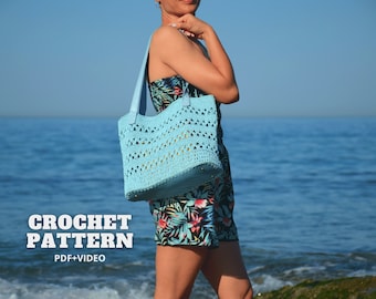 Crochet bag pattern, eco raffia tote woman, summer beach shoulder bag, straw shopping purse, beginner friendly DIY handbag crochet project