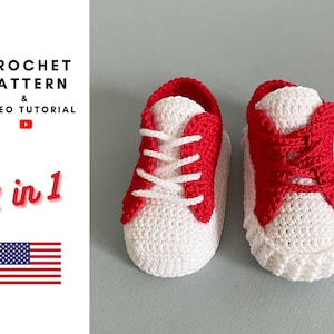 CROCHET PATTERN baby shoes booties 0-3 months, tennis sneakers crochet video tutorial 2 in 1,  pregnancy gift idea, DIY newborn baby gift