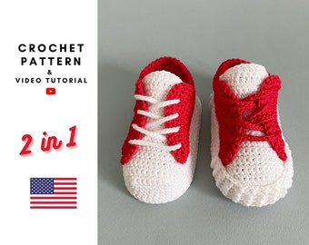 PATRON AU CROCHET chaussons bébé 0-3 mois, baskets tennis tuto vidéo crochet 2 en 1, idée cadeau grossesse, DIY cadeau naissance