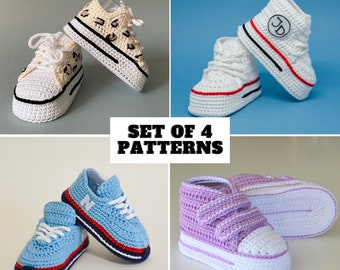 Crochet baby booties patterns bundle, set of 4 models, crochet baby shoe sneakers, newborn girl boy gift, baby shower gift, pregnancy gift