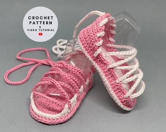 CROCHET PATTERN baby summer sandals 0-3 months, gladiator baby girl shoes crochet video tutorial, pregnancy gift idea