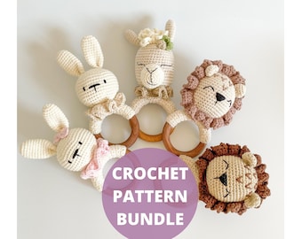 May include: Crochet pattern bundle for four baby teethers. The teethers are a llama, a bunny, and two lions. The teethers are crocheted in cream and brown yarn. The teethers are attached to wooden rings.