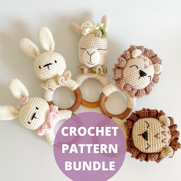 Crochet rattle pattern, amigurumi pack of 3 patterns baby rattle: bunny lion llama baby toy, crochet baby shower gift, DIY pregnancy gift