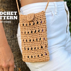 Modello di borsa a tracolla in rafia all'uncinetto, custodia per cellulare, borsa estiva da donna, mini borsa a tracolla, custodia in paglia, custodia per telefono all'uncinetto