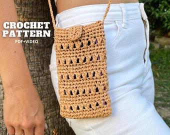 Crochet raffia crossbody bag pattern, mobile phone sleeve, summer woman purse, mini shoulder mobile bag, straw pouch, crochet phone case