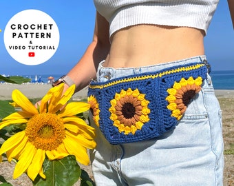 Sunflower bum bag crochet pattern, granny square summer crossbody purse, crochet fanny pack, beginner friendly tutorial, DIY gift