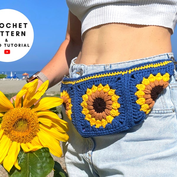 Sunflower bum bag crochet pattern, granny square summer crossbody purse, crochet fanny pack, beginner friendly tutorial, DIY gift