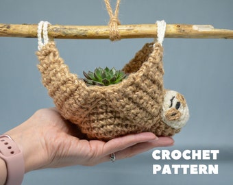 Crochet pattern plant hanger, sloth planter crochet pattern, wall planter indoor, housewarming gift