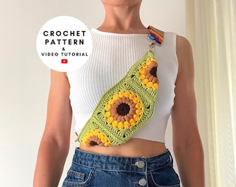 Crochet fanny pack pattern, sunflower sling bag, summer crossbody purse, festival hippie belt bag, waist banana bag, tutorial for beginner