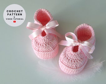 Regalo bienvenida bebé niña Patrón zapatos niña crochet, sandalias recién nacido suela blanda con lazo, vestido bautizo rosa, descarga instantánea pdf