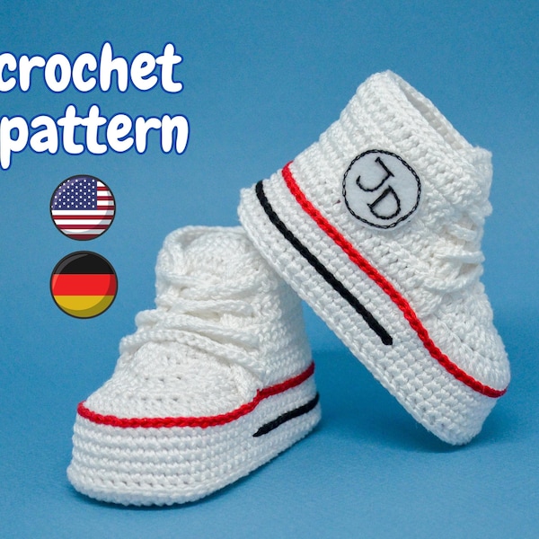 Crochet baby shoes pattern English German, high top baby sneakers with stars, monogram newborn booties, personalized infant baby gift idea