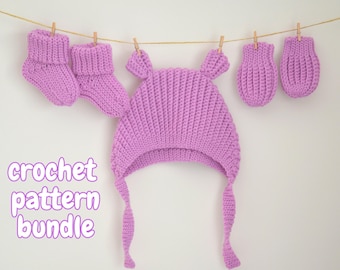 May include: A crochet pattern bundle for a baby hat, booties, and mittens. The set is made in a light purple color.