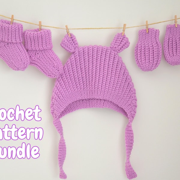 Crochet socks hat mittens patterns bundle, baby bonnet, thumbless mittens, handmade newborn socks, easy pattern beginners, welcome baby gift