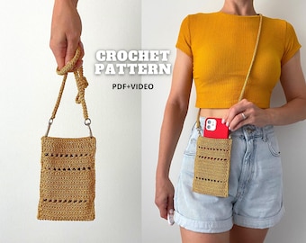 May include: Crochet pattern for a small, brown crossbody bag with a long strap. The bag is made with a stitch that creates a textured look. The pattern includes a PDF and video instructions. CROCHET PATTERN PDF+VIDEO