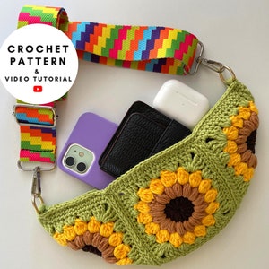 Crochet granny square bag pattern, sunflower sling bag, summer crossbody purse, crochet flower sunburst, bum bag beginner friendly tutorial image 1